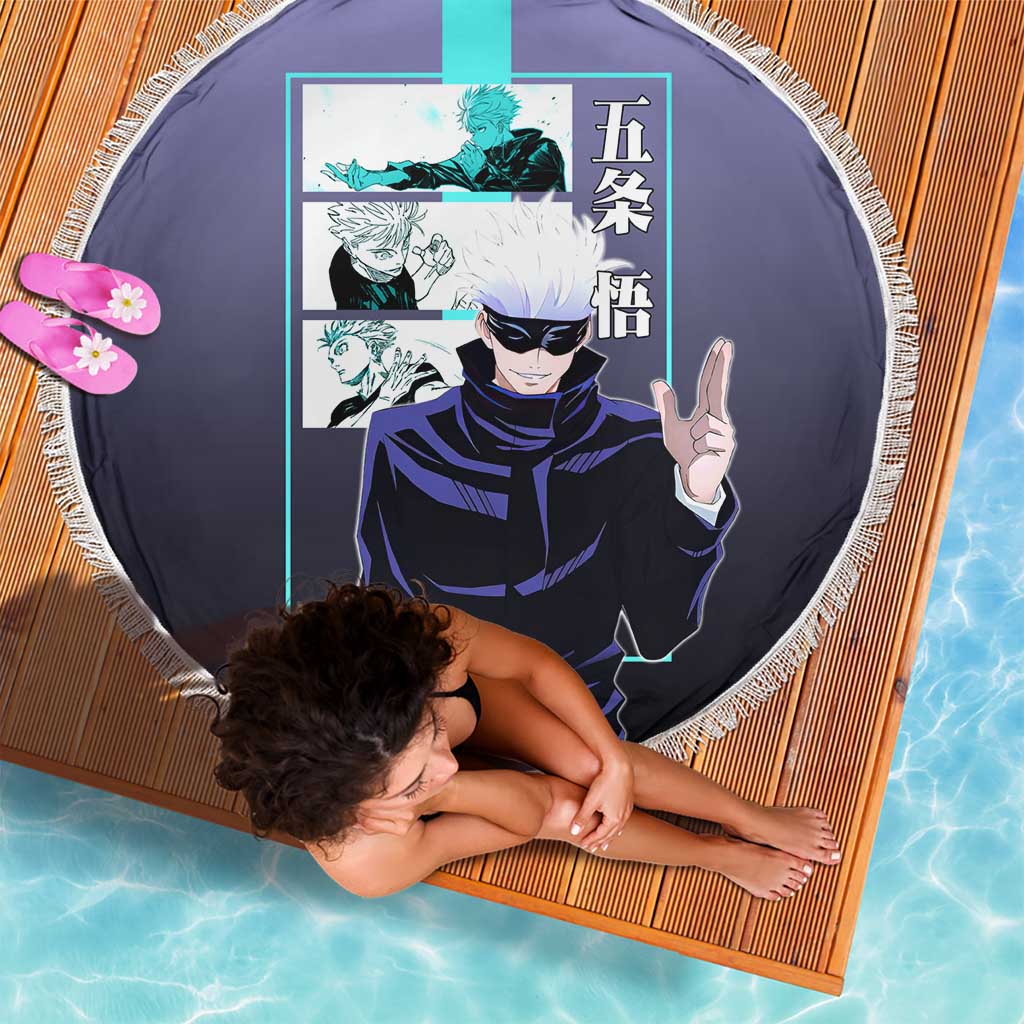 Satoru Gojo from Jujutsu Kaisen Beach Blanket with Purple and Blue Background and Multiple Poses Design - The Mazicc
