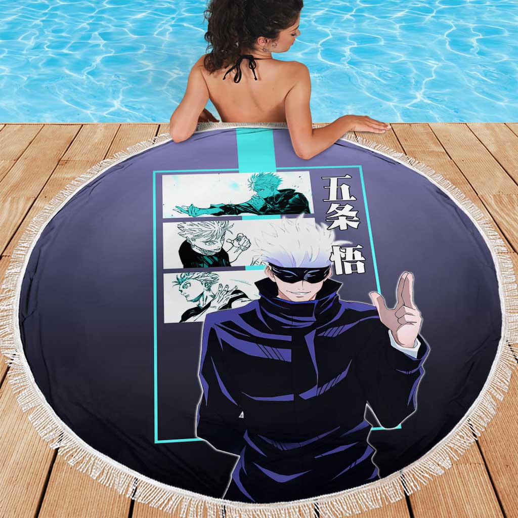 Satoru Gojo from Jujutsu Kaisen Beach Blanket with Purple and Blue Background and Multiple Poses Design - The Mazicc