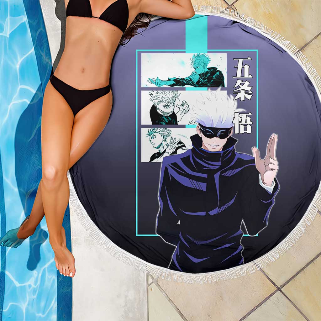 Satoru Gojo from Jujutsu Kaisen Beach Blanket with Purple and Blue Background and Multiple Poses Design - The Mazicc