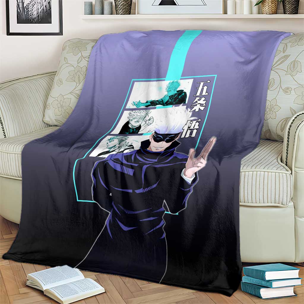 Satoru Gojo from Jujutsu Kaisen Blanket with Purple and Blue Background and Multiple Poses Design - The Mazicc