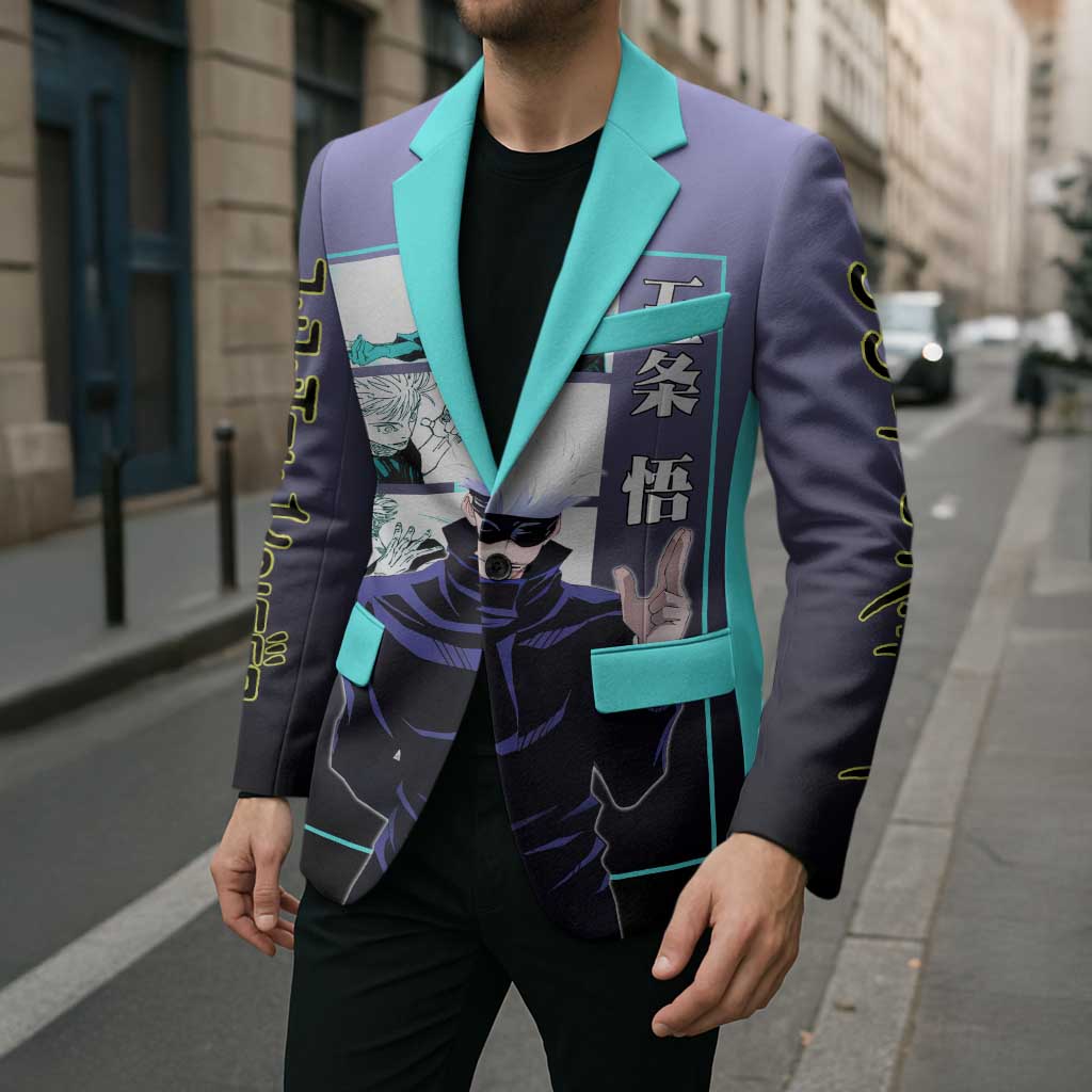 Satoru Gojo from Jujutsu Kaisen Blazer with Purple and Blue Background and Multiple Poses Design - The Mazicc