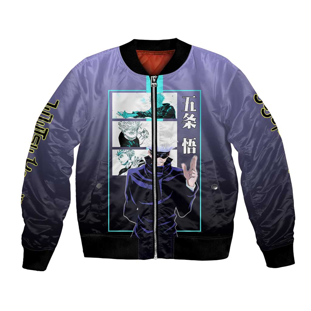 Satoru Gojo from Jujutsu Kaisen Bomber Jacket with Purple and Blue Background and Multiple Poses Design - The Mazicc