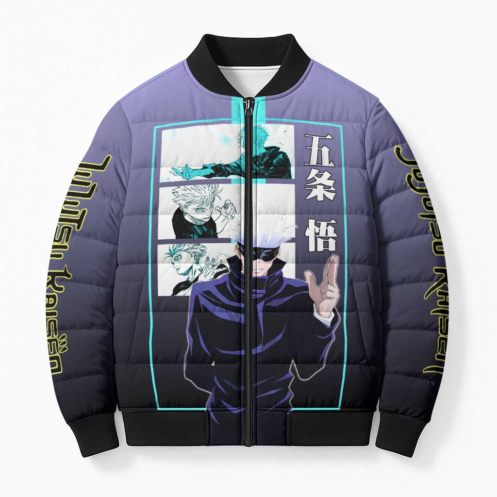 Satoru Gojo from Jujutsu Kaisen Bomber Puffer Jacket with Purple and Blue Background and Multiple Poses Design - The Mazicc