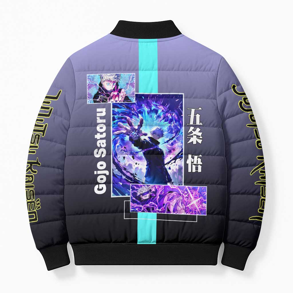 Satoru Gojo from Jujutsu Kaisen Bomber Puffer Jacket with Purple and Blue Background and Multiple Poses Design - The Mazicc