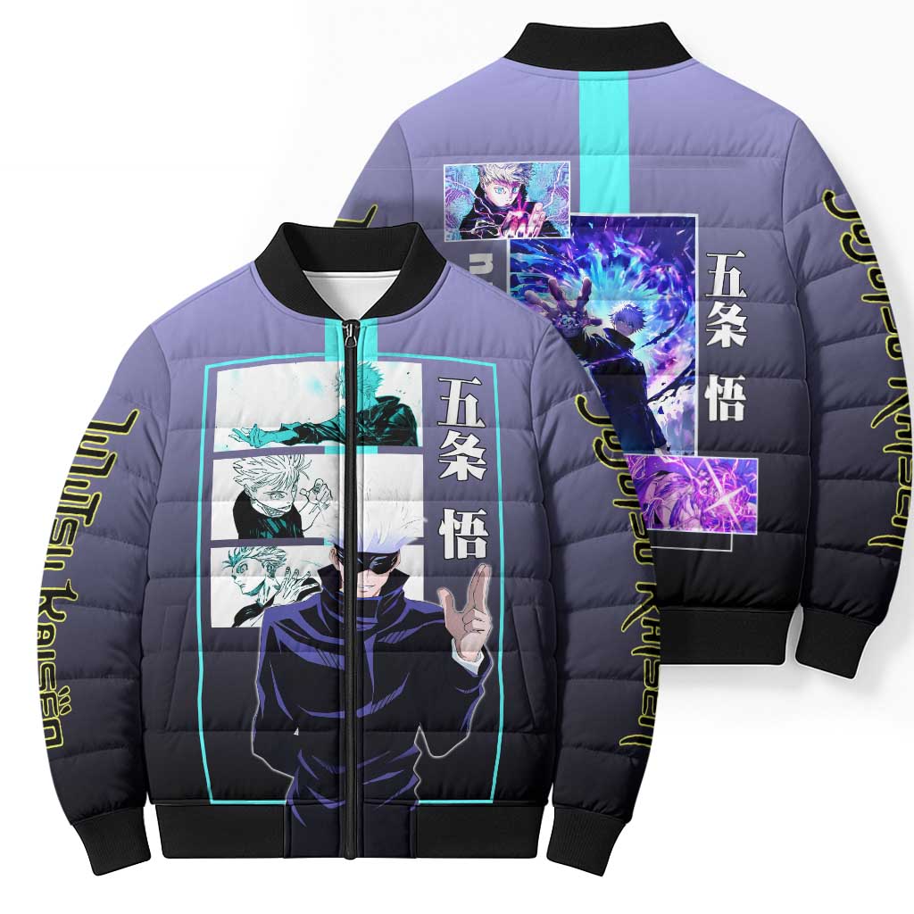 Satoru Gojo from Jujutsu Kaisen Bomber Puffer Jacket with Purple and Blue Background and Multiple Poses Design - The Mazicc