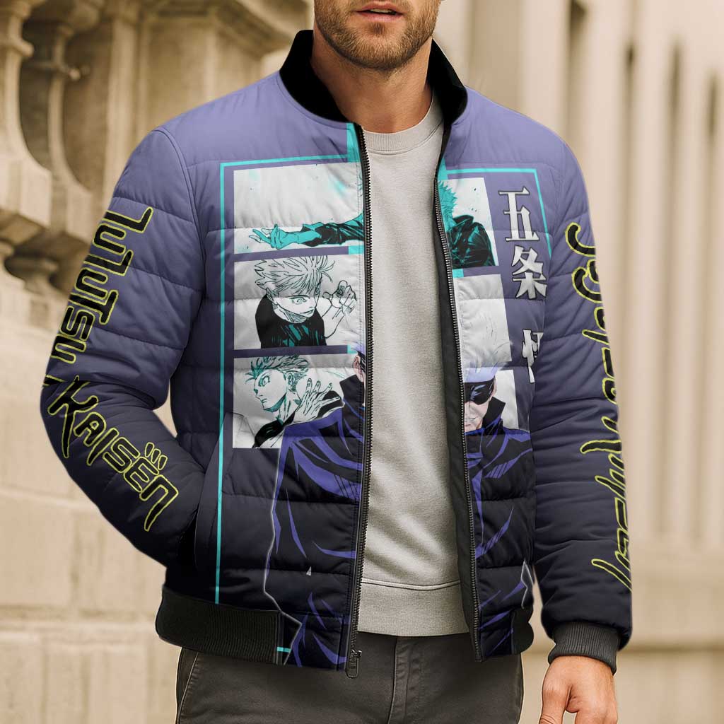 Satoru Gojo from Jujutsu Kaisen Bomber Puffer Jacket with Purple and Blue Background and Multiple Poses Design - The Mazicc