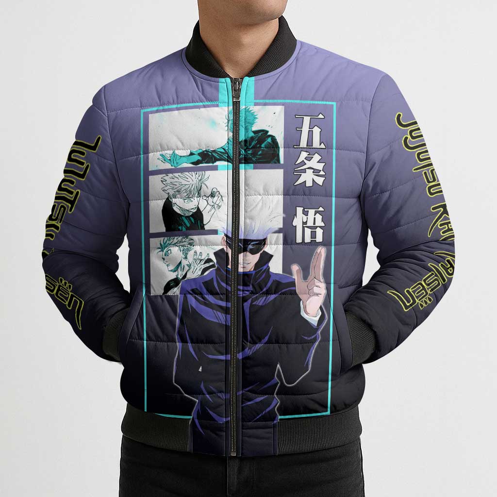 Satoru Gojo from Jujutsu Kaisen Bomber Puffer Jacket with Purple and Blue Background and Multiple Poses Design - The Mazicc