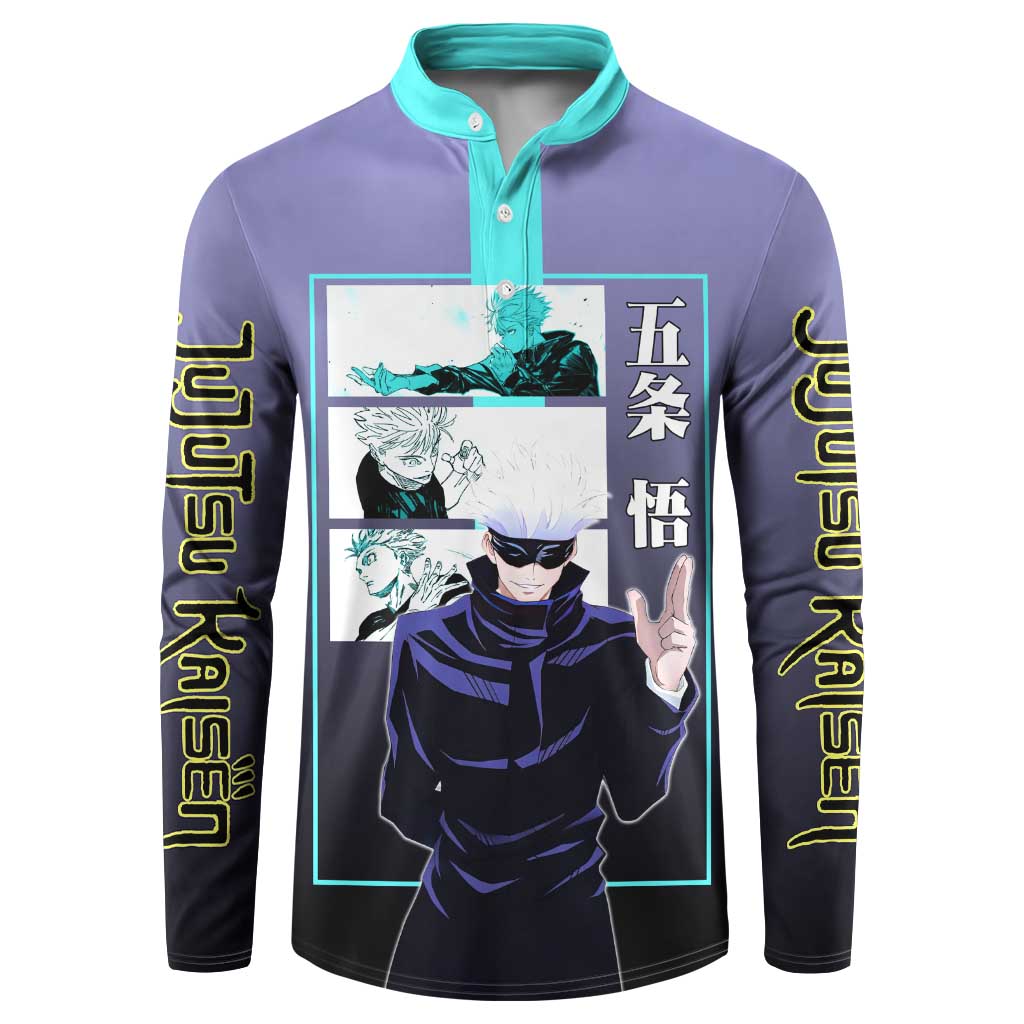 Satoru Gojo from Jujutsu Kaisen Button Sweatshirt with Purple and Blue Background and Multiple Poses Design - The Mazicc