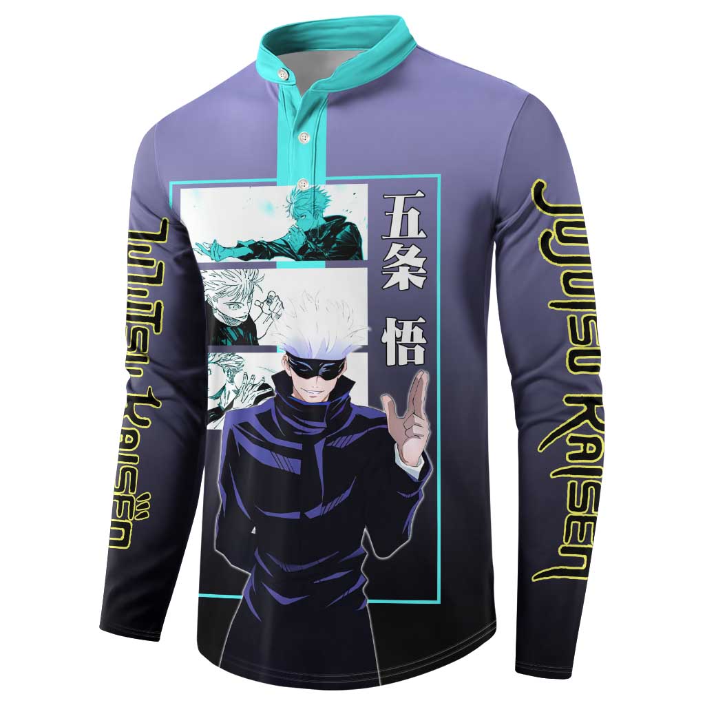 Satoru Gojo from Jujutsu Kaisen Button Sweatshirt with Purple and Blue Background and Multiple Poses Design - The Mazicc