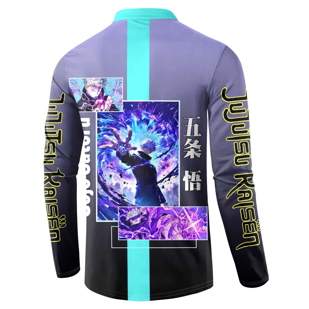 Satoru Gojo from Jujutsu Kaisen Button Sweatshirt with Purple and Blue Background and Multiple Poses Design - The Mazicc