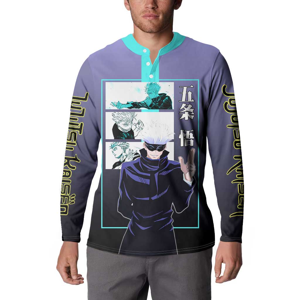 Satoru Gojo from Jujutsu Kaisen Button Sweatshirt with Purple and Blue Background and Multiple Poses Design - The Mazicc