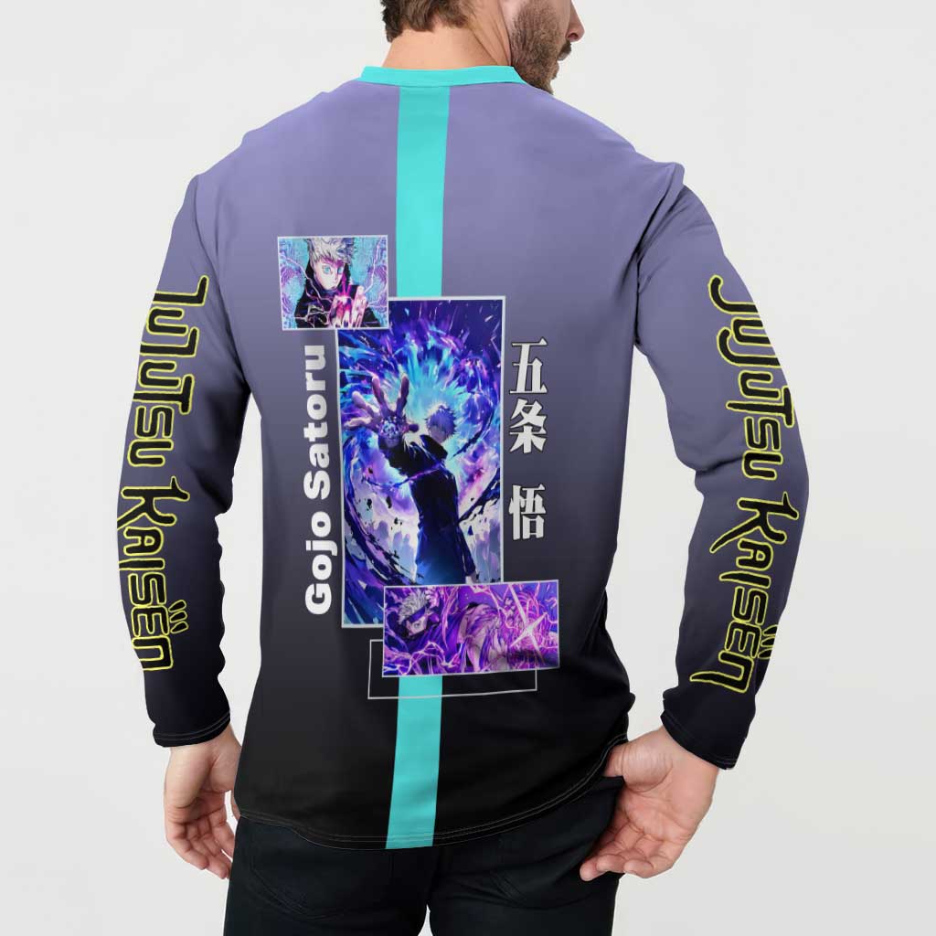 Satoru Gojo from Jujutsu Kaisen Button Sweatshirt with Purple and Blue Background and Multiple Poses Design - The Mazicc