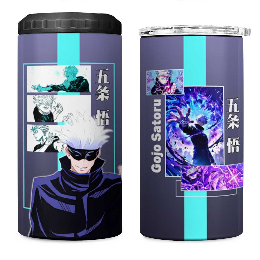 Satoru Gojo from Jujutsu Kaisen 4 in 1 Can Cooler Tumbler with Purple and Blue Background and Multiple Poses Design - The Mazicc