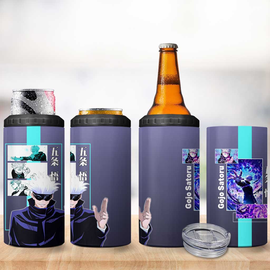 Satoru Gojo from Jujutsu Kaisen 4 in 1 Can Cooler Tumbler with Purple and Blue Background and Multiple Poses Design - The Mazicc