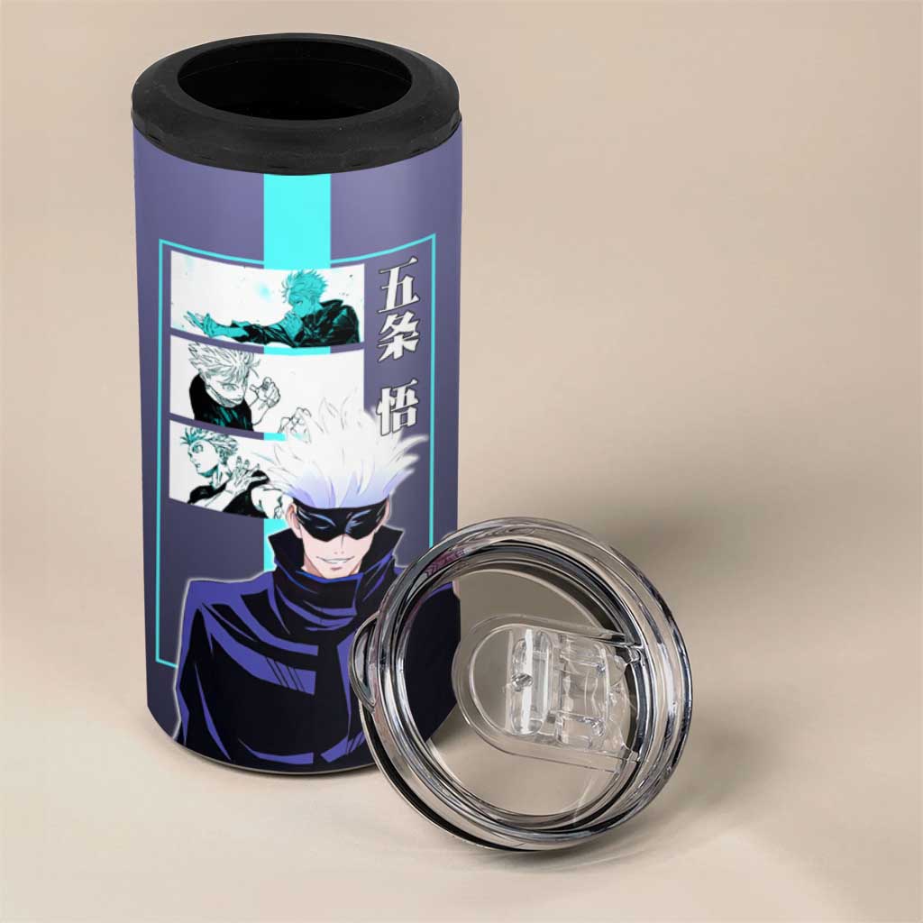 Satoru Gojo from Jujutsu Kaisen 4 in 1 Can Cooler Tumbler with Purple and Blue Background and Multiple Poses Design - The Mazicc