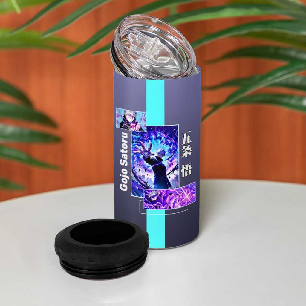 Satoru Gojo from Jujutsu Kaisen 4 in 1 Can Cooler Tumbler with Purple and Blue Background and Multiple Poses Design - The Mazicc