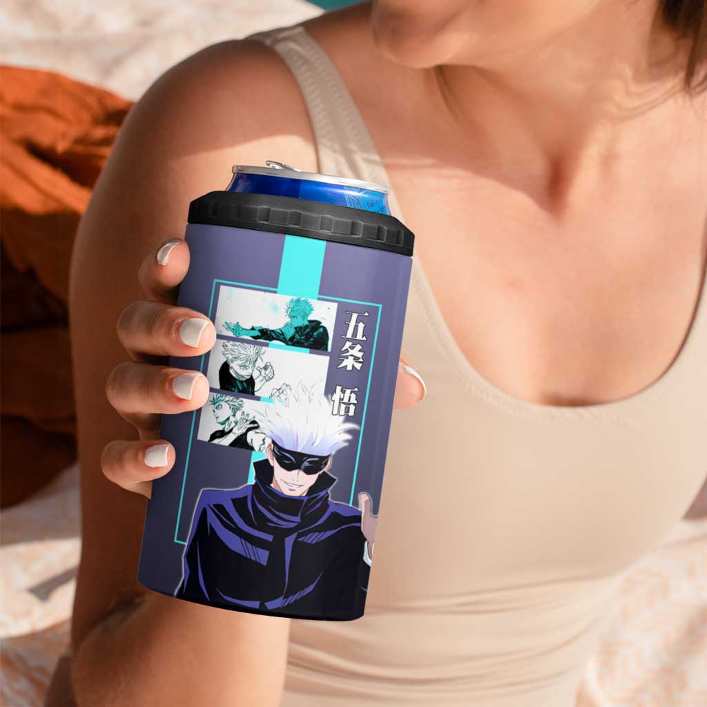 Satoru Gojo from Jujutsu Kaisen 4 in 1 Can Cooler Tumbler with Purple and Blue Background and Multiple Poses Design - The Mazicc