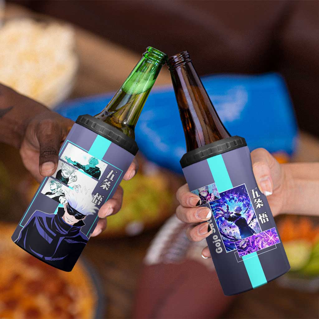 Satoru Gojo from Jujutsu Kaisen 4 in 1 Can Cooler Tumbler with Purple and Blue Background and Multiple Poses Design - The Mazicc