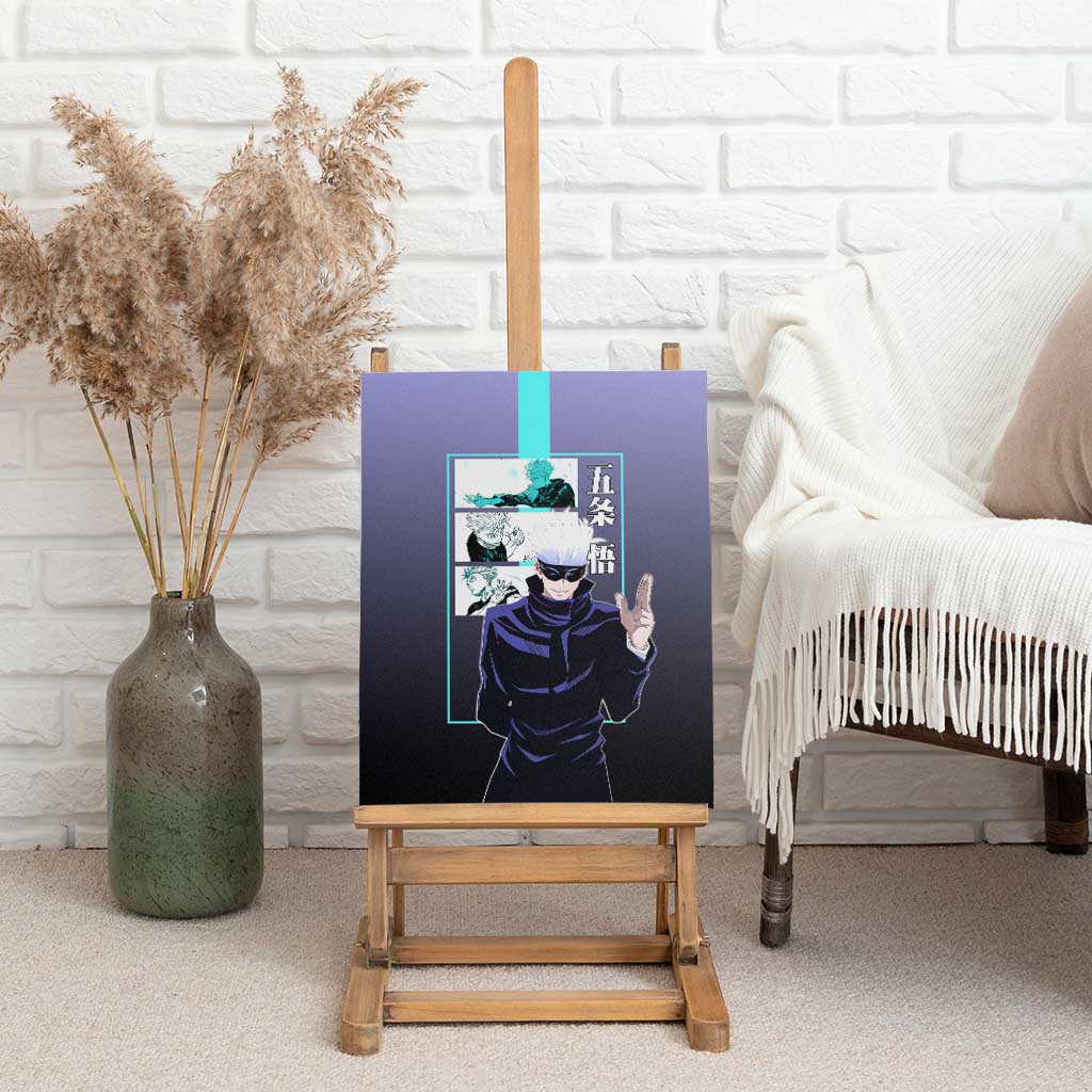 Satoru Gojo from Jujutsu Kaisen Canvas Wall Art with Purple and Blue Background and Multiple Poses Design - The Mazicc