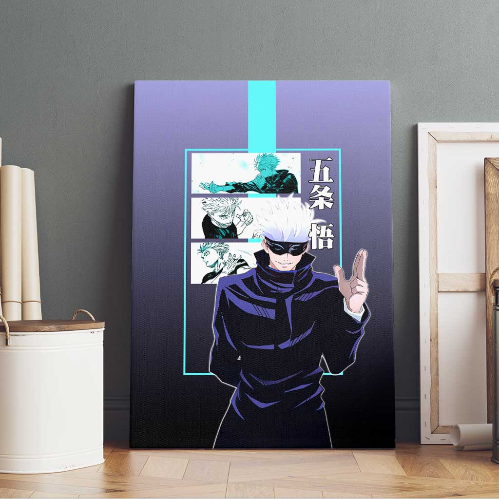 Satoru Gojo from Jujutsu Kaisen Canvas Wall Art with Purple and Blue Background and Multiple Poses Design - The Mazicc