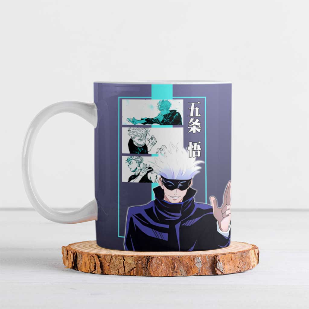 Satoru Gojo from Jujutsu Kaisen Ceramic Mug with Purple and Blue Background and Multiple Poses Design - The Mazicc