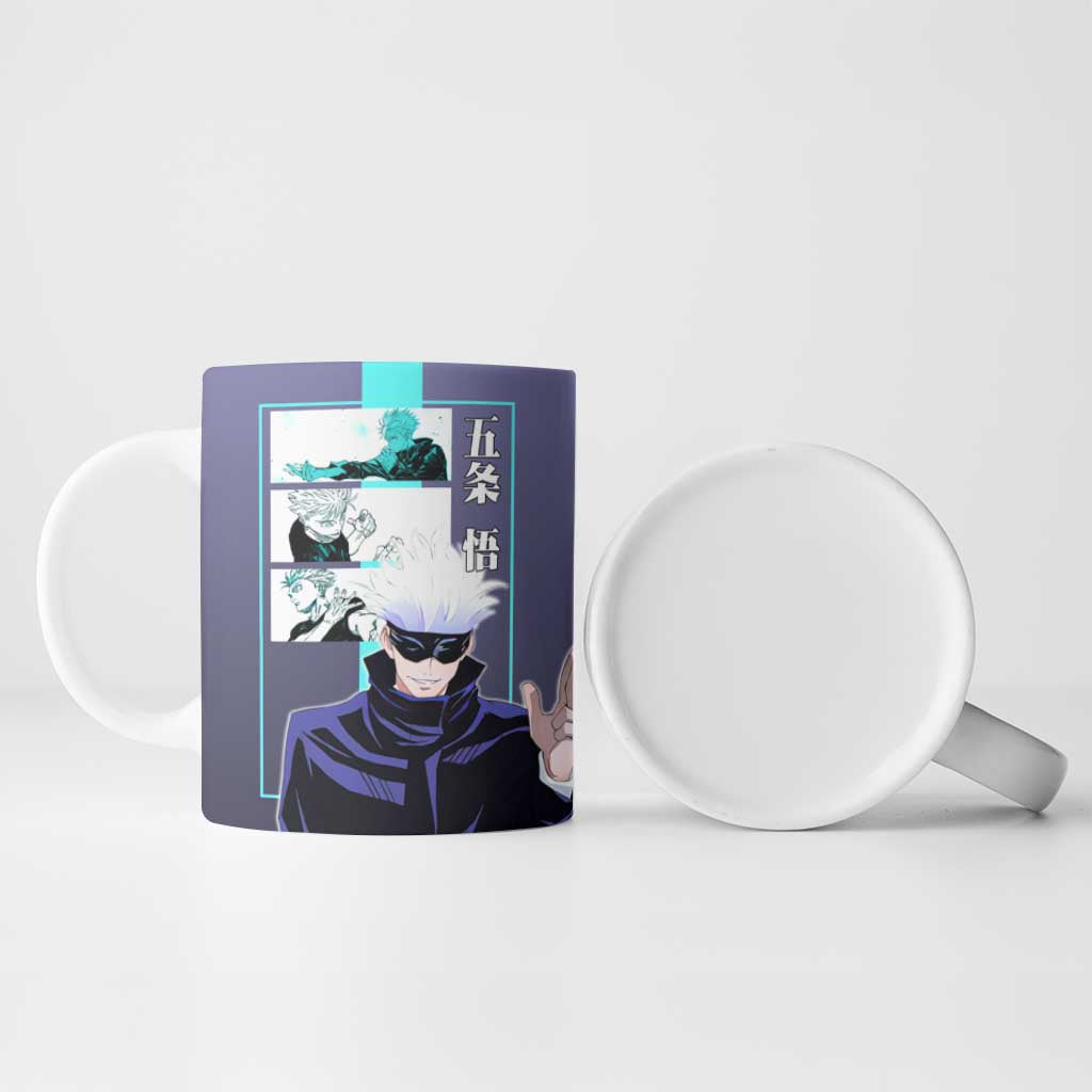 Satoru Gojo from Jujutsu Kaisen Ceramic Mug with Purple and Blue Background and Multiple Poses Design - The Mazicc