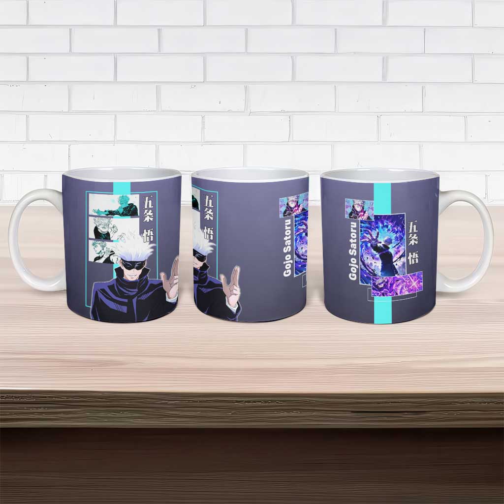 Satoru Gojo from Jujutsu Kaisen Ceramic Mug with Purple and Blue Background and Multiple Poses Design - The Mazicc