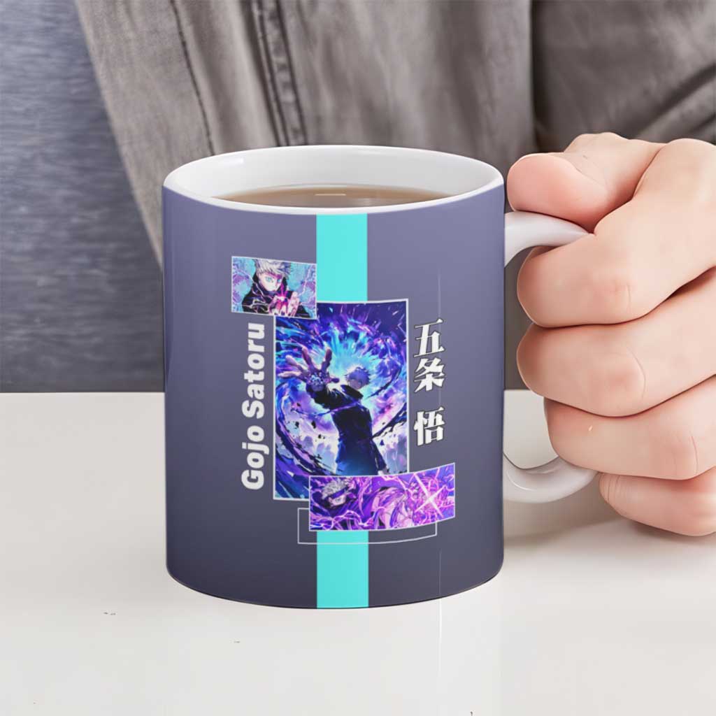 Satoru Gojo from Jujutsu Kaisen Ceramic Mug with Purple and Blue Background and Multiple Poses Design - The Mazicc