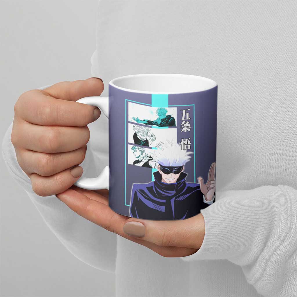 Satoru Gojo from Jujutsu Kaisen Ceramic Mug with Purple and Blue Background and Multiple Poses Design - The Mazicc