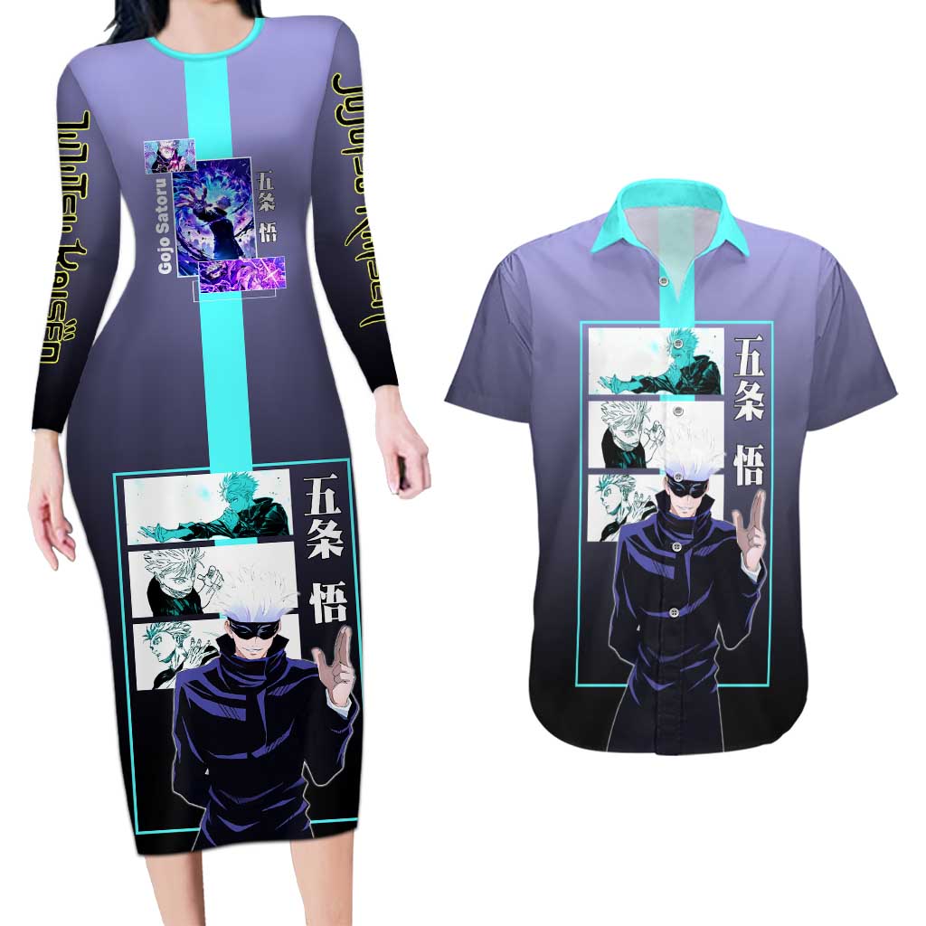 Satoru Gojo from Jujutsu Kaisen Couples Matching Long Sleeve Bodycon Dress and Hawaiian Shirt with Purple and Blue Background and Multiple Poses Design - The Mazicc