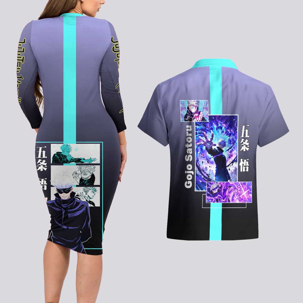 Satoru Gojo from Jujutsu Kaisen Couples Matching Long Sleeve Bodycon Dress and Hawaiian Shirt with Purple and Blue Background and Multiple Poses Design - The Mazicc