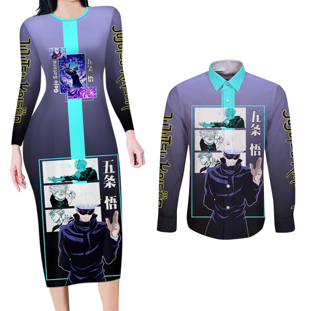 Satoru Gojo from Jujutsu Kaisen Couples Matching Long Sleeve Bodycon Dress and Long Sleeve Button Shirt with Purple and Blue Background and Multiple Poses Design - The Mazicc