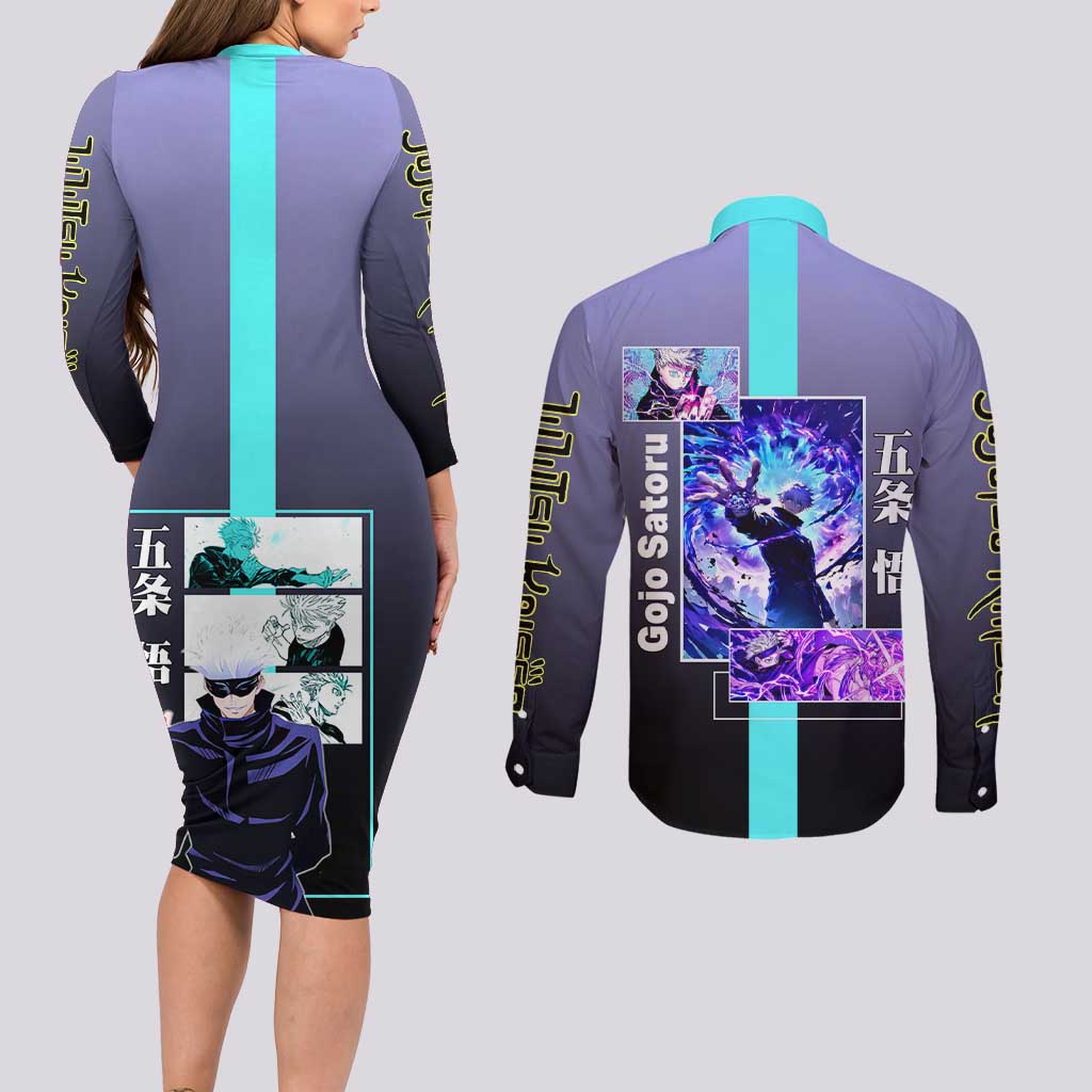 Satoru Gojo from Jujutsu Kaisen Couples Matching Long Sleeve Bodycon Dress and Long Sleeve Button Shirt with Purple and Blue Background and Multiple Poses Design - The Mazicc