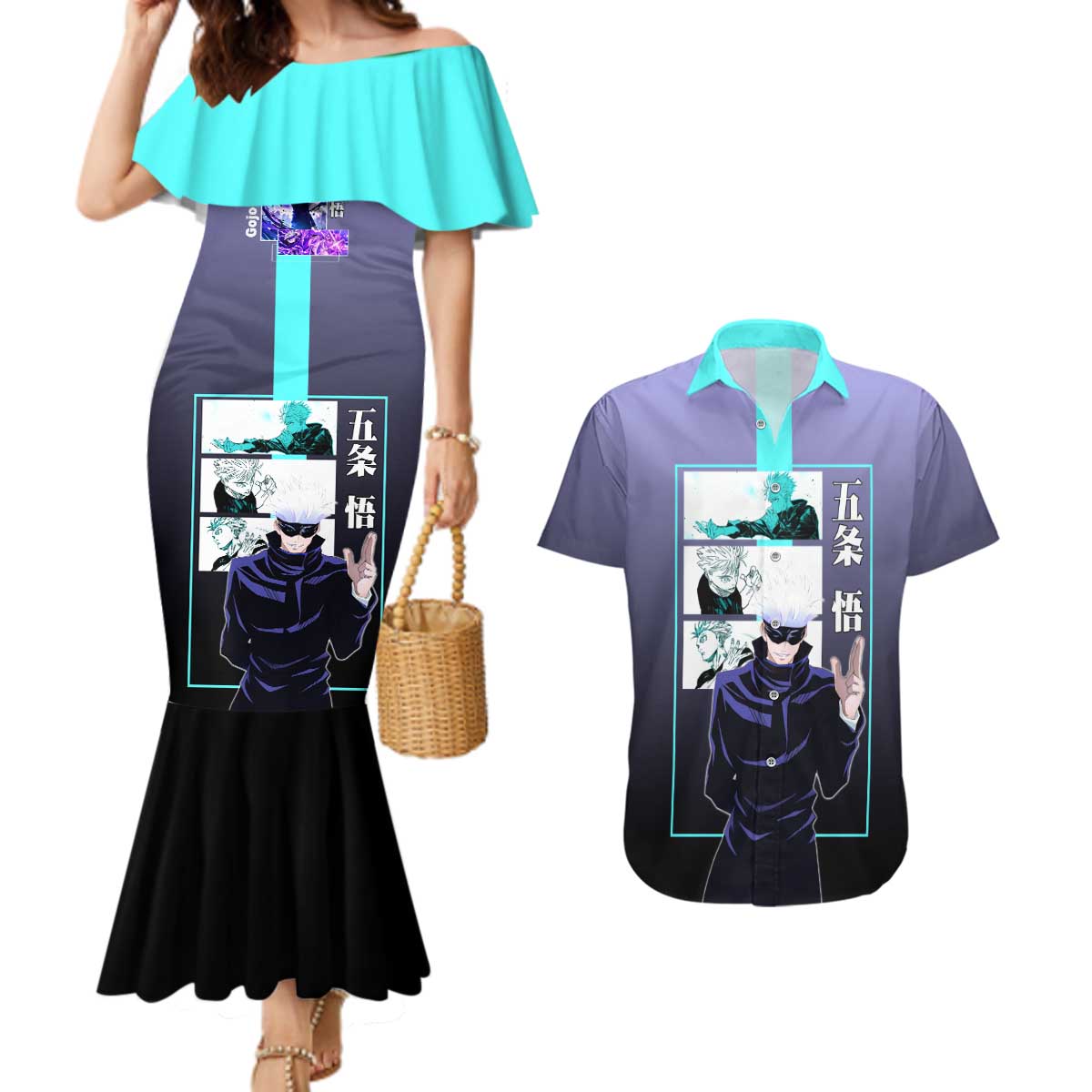 Satoru Gojo from Jujutsu Kaisen Couples Matching Mermaid Dress and Hawaiian Shirt with Purple and Blue Background and Multiple Poses Design - The Mazicc