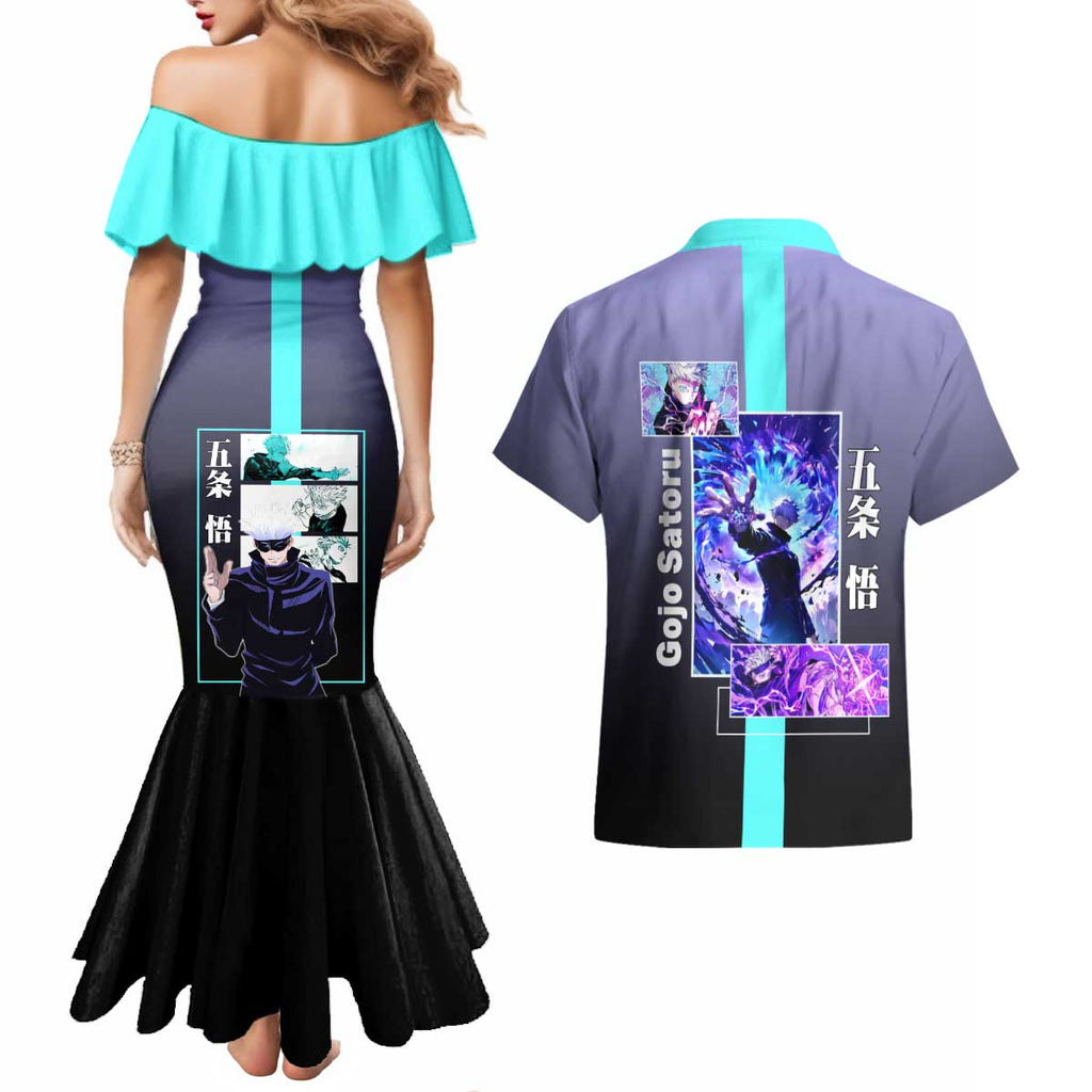 Satoru Gojo from Jujutsu Kaisen Couples Matching Mermaid Dress and Hawaiian Shirt with Purple and Blue Background and Multiple Poses Design - The Mazicc
