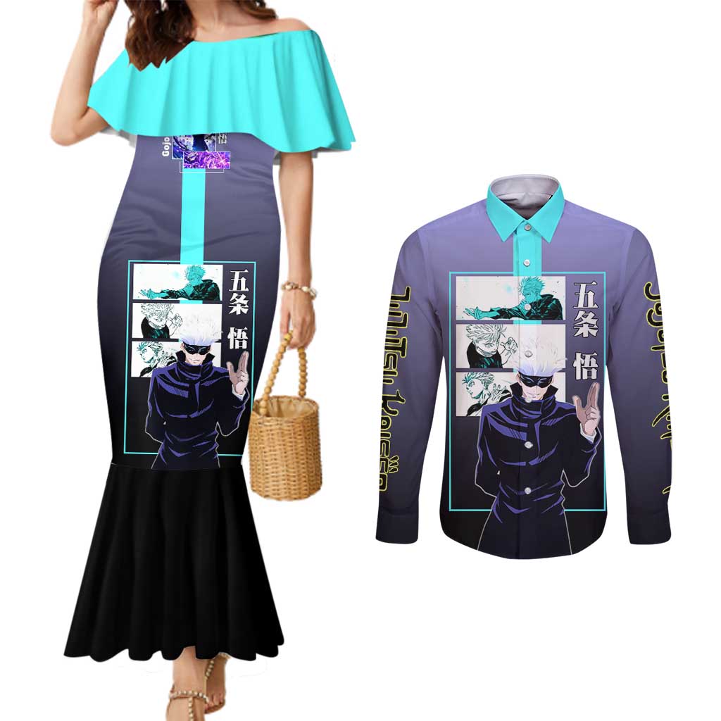 Satoru Gojo from Jujutsu Kaisen Couples Matching Mermaid Dress and Long Sleeve Button Shirt with Purple and Blue Background and Multiple Poses Design - The Mazicc