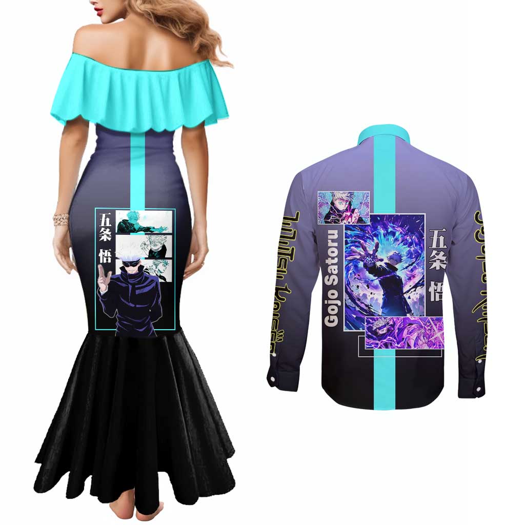 Satoru Gojo from Jujutsu Kaisen Couples Matching Mermaid Dress and Long Sleeve Button Shirt with Purple and Blue Background and Multiple Poses Design - The Mazicc