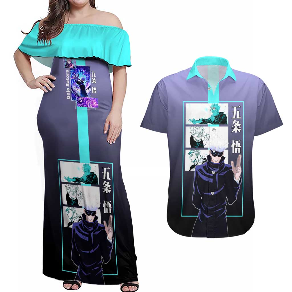 Satoru Gojo from Jujutsu Kaisen Couples Matching Off Shoulder Maxi Dress and Hawaiian Shirt with Purple and Blue Background and Multiple Poses Design - The Mazicc