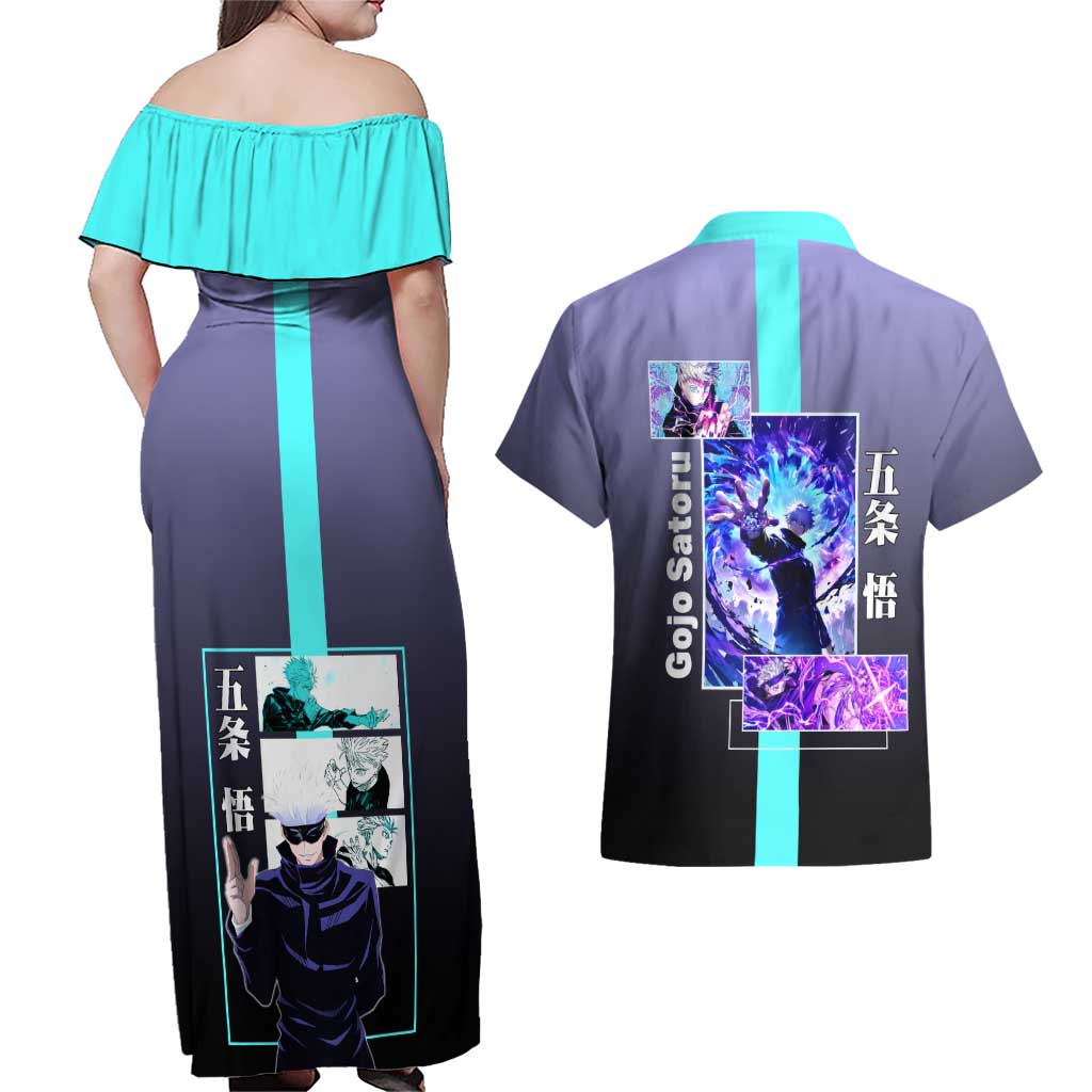 Satoru Gojo from Jujutsu Kaisen Couples Matching Off Shoulder Maxi Dress and Hawaiian Shirt with Purple and Blue Background and Multiple Poses Design - The Mazicc