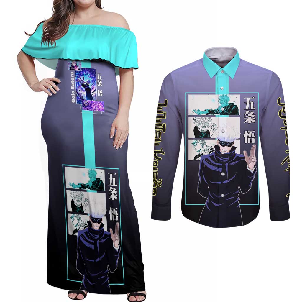 Satoru Gojo from Jujutsu Kaisen Couples Matching Off Shoulder Maxi Dress and Long Sleeve Button Shirt with Purple and Blue Background and Multiple Poses Design - The Mazicc
