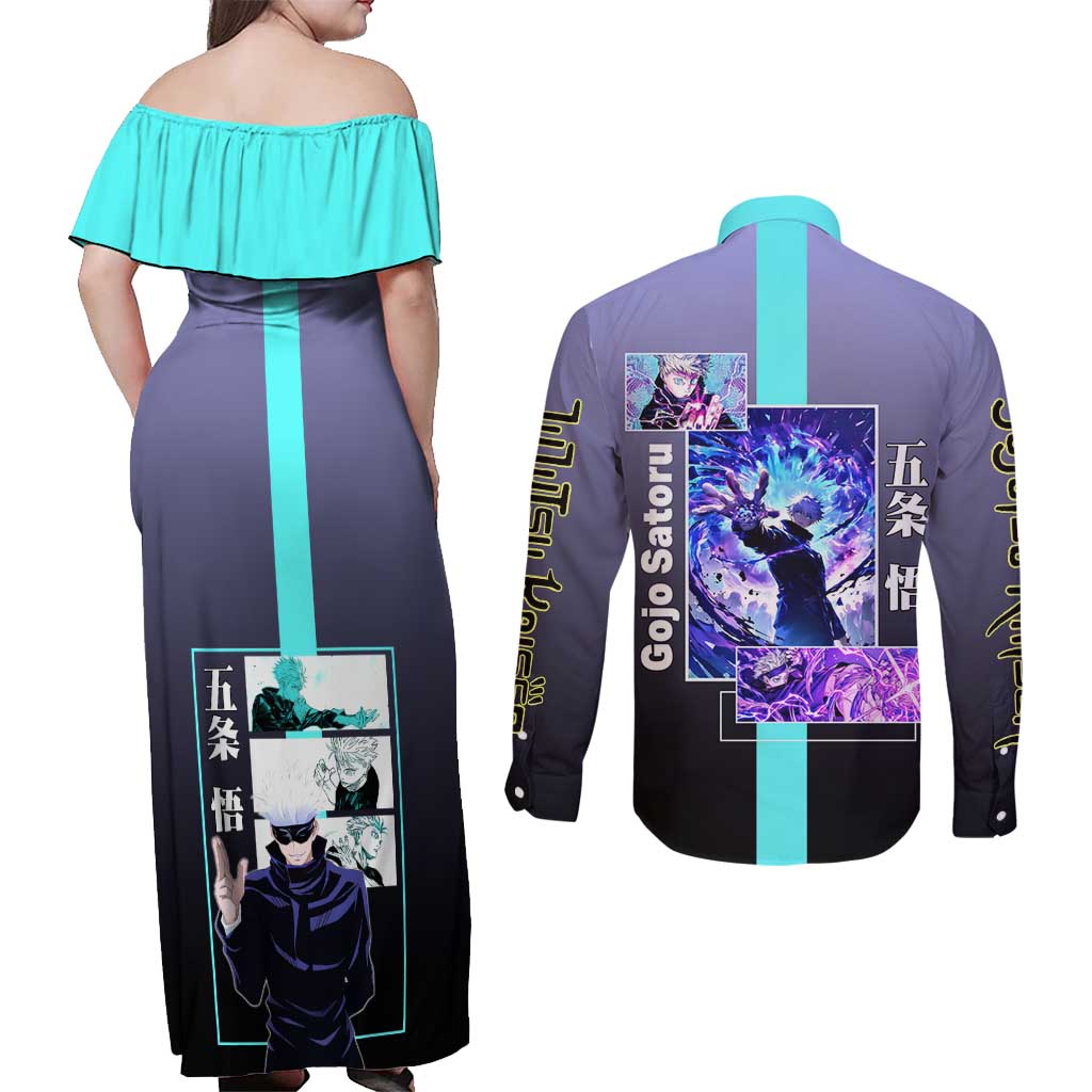 Satoru Gojo from Jujutsu Kaisen Couples Matching Off Shoulder Maxi Dress and Long Sleeve Button Shirt with Purple and Blue Background and Multiple Poses Design - The Mazicc