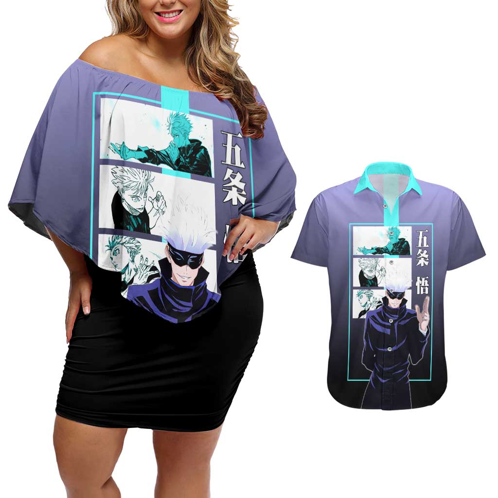 Satoru Gojo from Jujutsu Kaisen Couples Matching Off Shoulder Short Dress and Hawaiian Shirt with Purple and Blue Background and Multiple Poses Design - The Mazicc