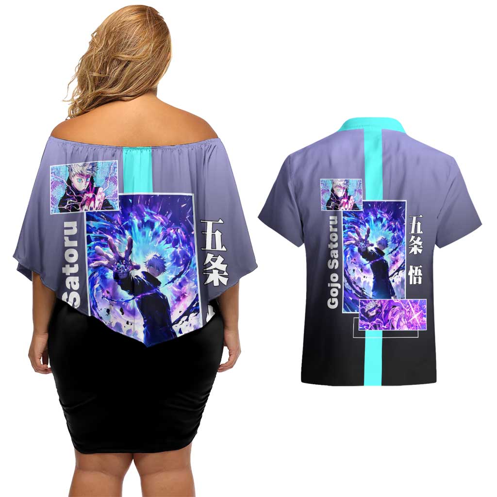 Satoru Gojo from Jujutsu Kaisen Couples Matching Off Shoulder Short Dress and Hawaiian Shirt with Purple and Blue Background and Multiple Poses Design - The Mazicc