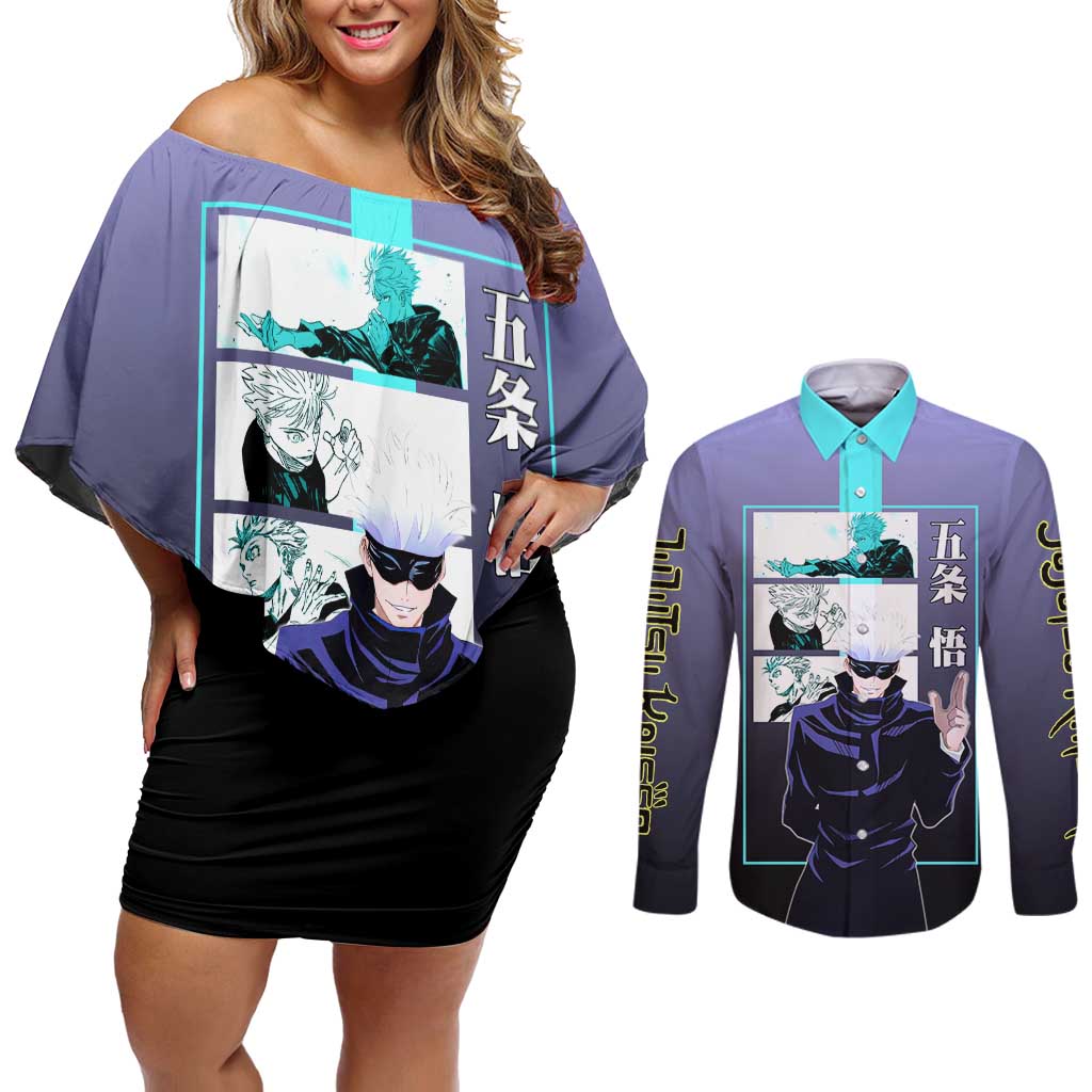 Satoru Gojo from Jujutsu Kaisen Couples Matching Off Shoulder Short Dress and Long Sleeve Button Shirt with Purple and Blue Background and Multiple Poses Design - The Mazicc