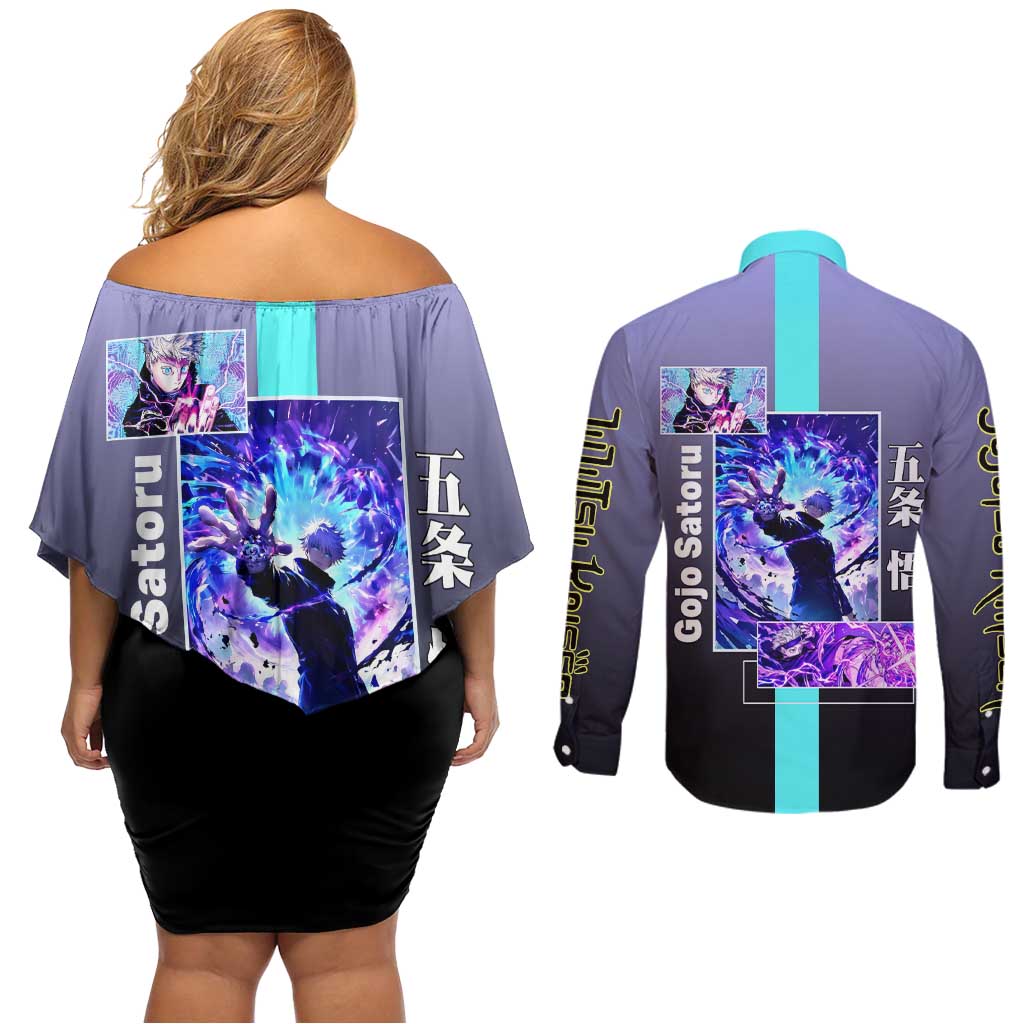 Satoru Gojo from Jujutsu Kaisen Couples Matching Off Shoulder Short Dress and Long Sleeve Button Shirt with Purple and Blue Background and Multiple Poses Design - The Mazicc