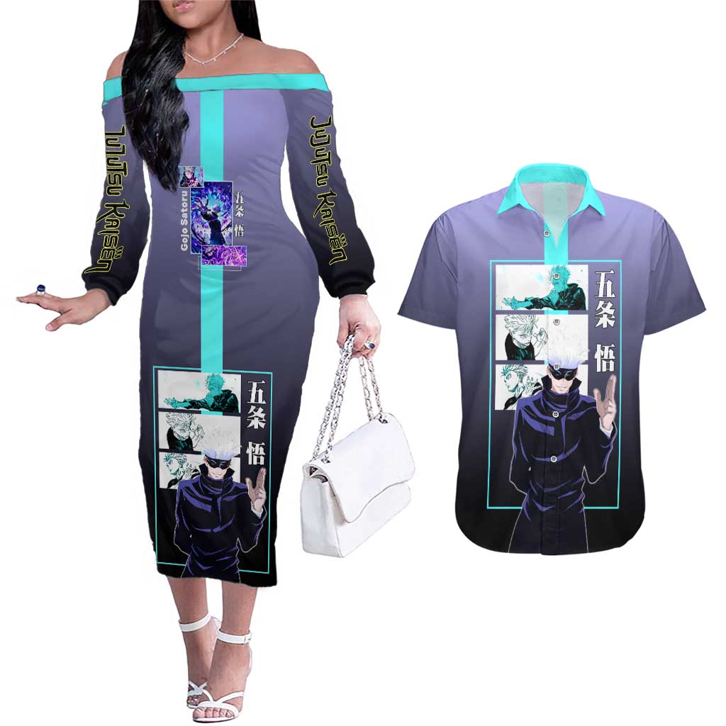 Satoru Gojo from Jujutsu Kaisen Couples Matching Off The Shoulder Long Sleeve Dress and Hawaiian Shirt with Purple and Blue Background and Multiple Poses Design - The Mazicc