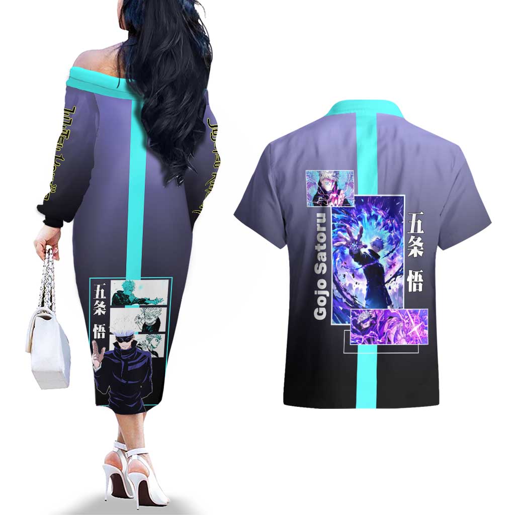 Satoru Gojo from Jujutsu Kaisen Couples Matching Off The Shoulder Long Sleeve Dress and Hawaiian Shirt with Purple and Blue Background and Multiple Poses Design - The Mazicc
