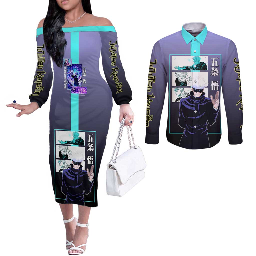 Satoru Gojo from Jujutsu Kaisen Couples Matching Off The Shoulder Long Sleeve Dress and Long Sleeve Button Shirt with Purple and Blue Background and Multiple Poses Design - The Mazicc