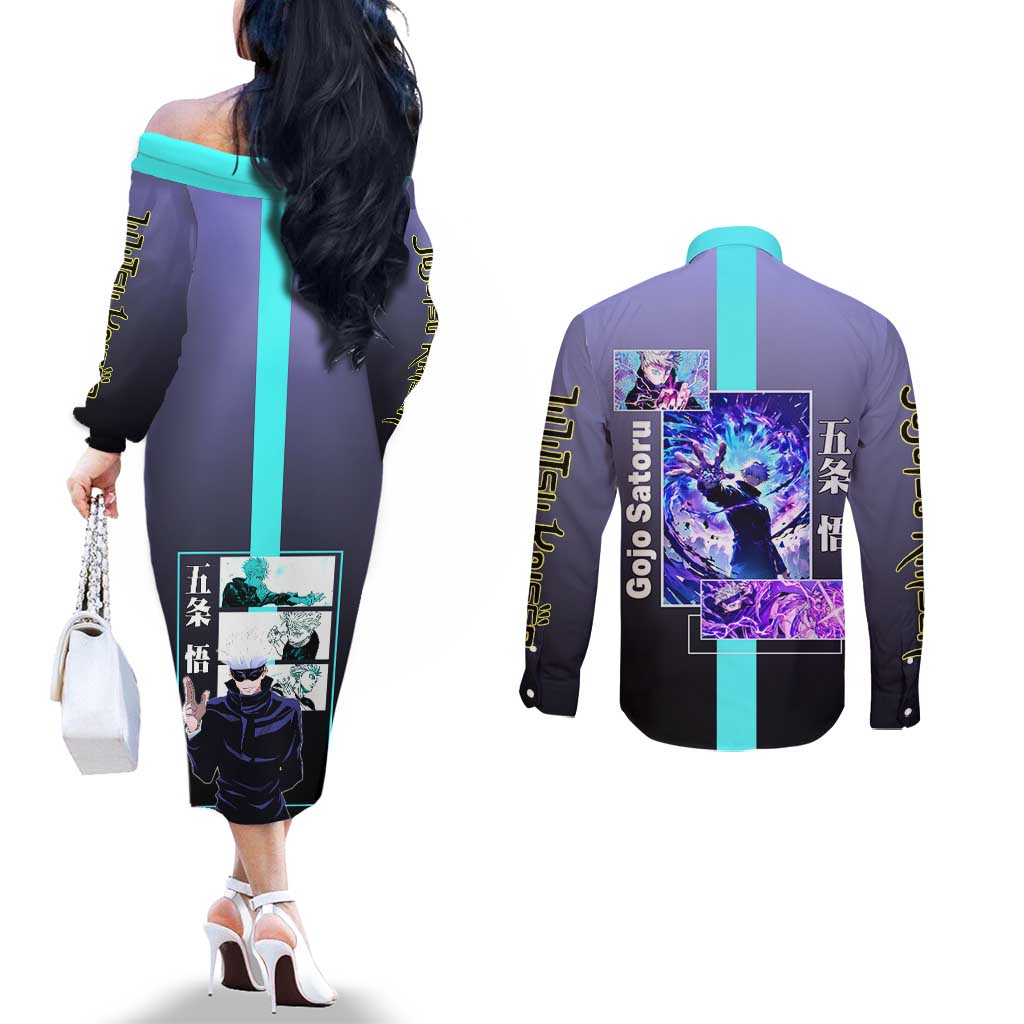 Satoru Gojo from Jujutsu Kaisen Couples Matching Off The Shoulder Long Sleeve Dress and Long Sleeve Button Shirt with Purple and Blue Background and Multiple Poses Design - The Mazicc