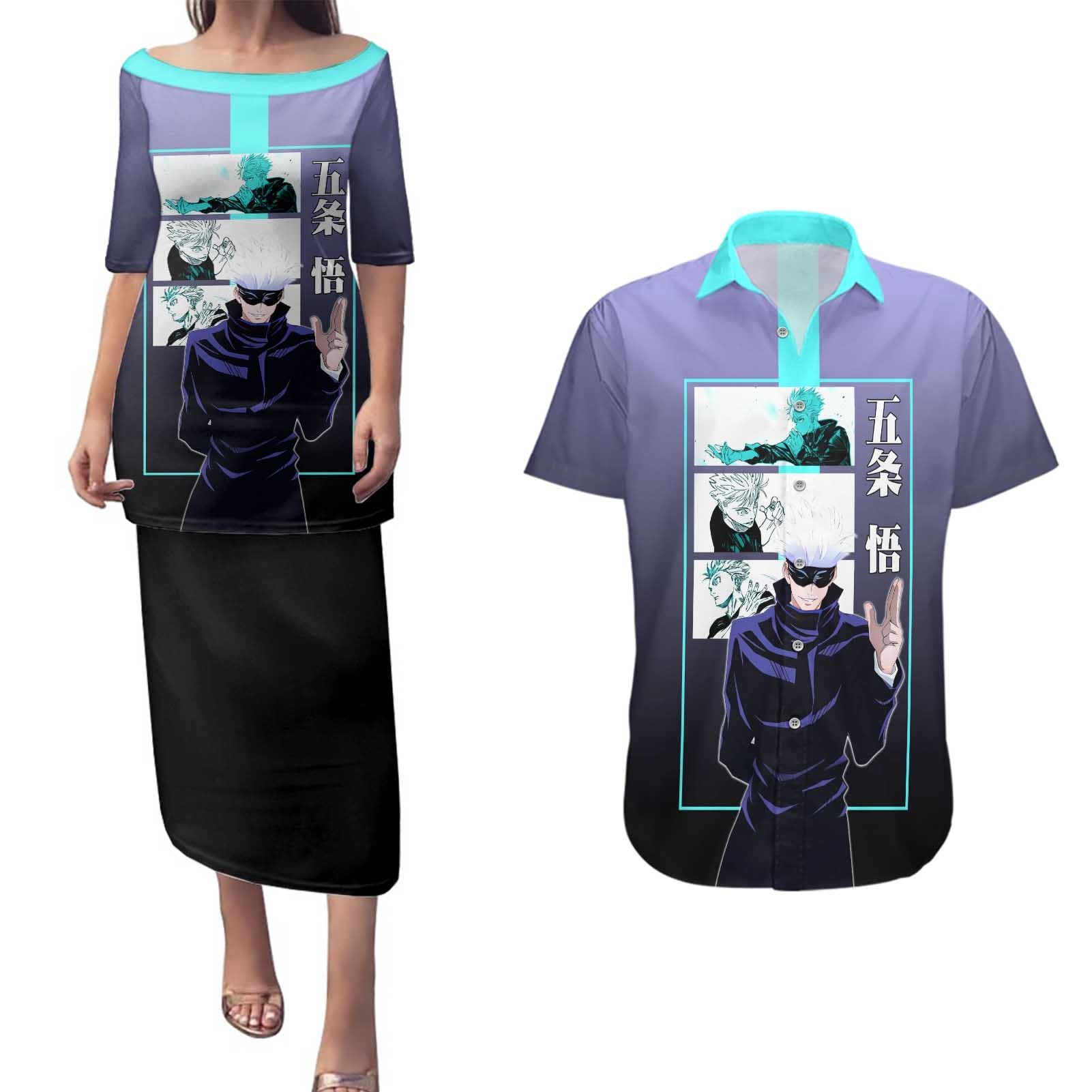 Satoru Gojo from Jujutsu Kaisen Couples Matching Puletasi and Hawaiian Shirt with Purple and Blue Background and Multiple Poses Design - The Mazicc